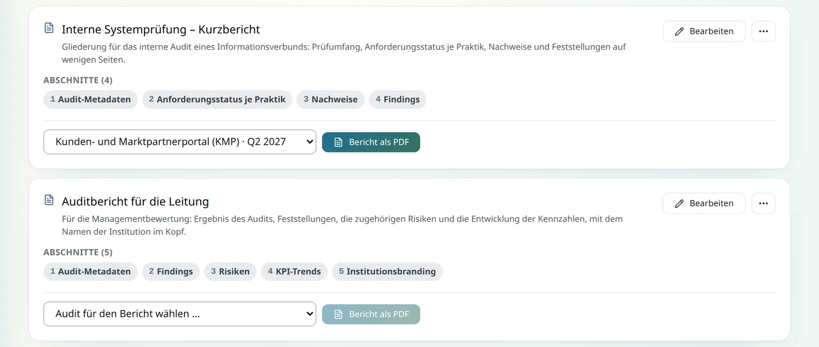 Zwei Berichtsvorlagen für Audits als Karten: „Interne Systemprüfung – Kurzbericht“ mit den Abschnitten Audit-Metadaten, Anforderungsstatus je Praktik, Nachweise und Findings sowie „Auditbericht für die Leitung“ mit Audit-Metadaten, Findings, Risiken, KPI-Trends und Institutionsbranding. Je Karte lässt sich ein Audit wählen, aus dem ein PDF-Bericht entsteht.